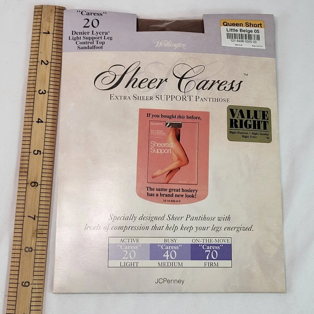 JCPenny Sheer Caress Extra Sheer Support Pantyhose Queen Short Beige Sandalfoot